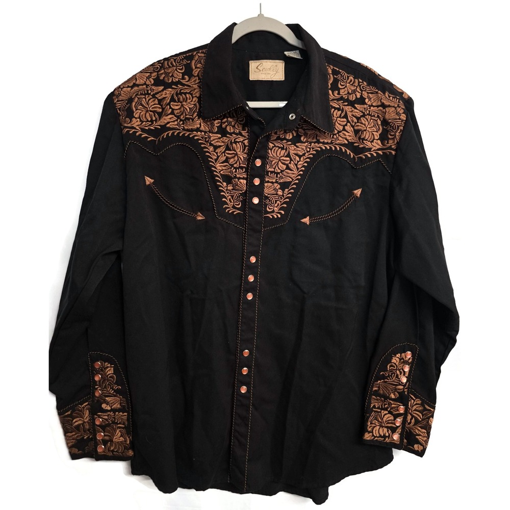 Scully Mens Western Shirt Black Copper Floral Embroidery P-634 XL Snap Front